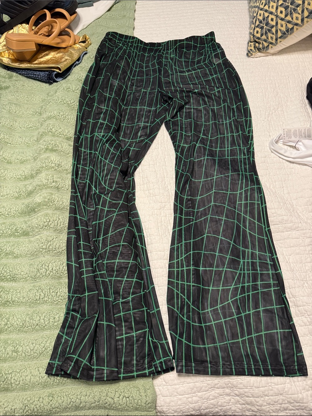 Wide-Leg Black Pants with Green Grid Print